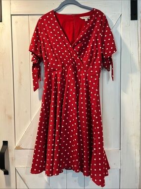 DAVI & DANI Red with White Polka Dots Dress Large Retro Tie Sleeves NWOT